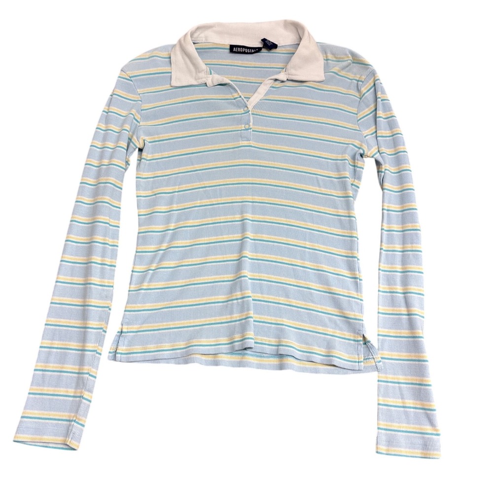 Aeropostale Womens Blue Striped Ribbed Long Sleeve Polo Shirt Large WPL 8046